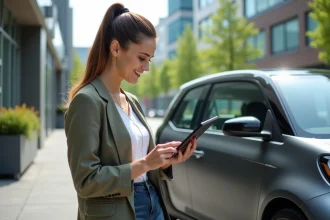 Jeune femme entrepreneure avec voiture électrique urbaine
