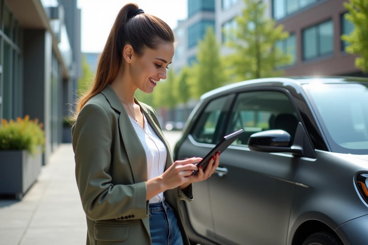 Jeune femme entrepreneure avec voiture électrique urbaine