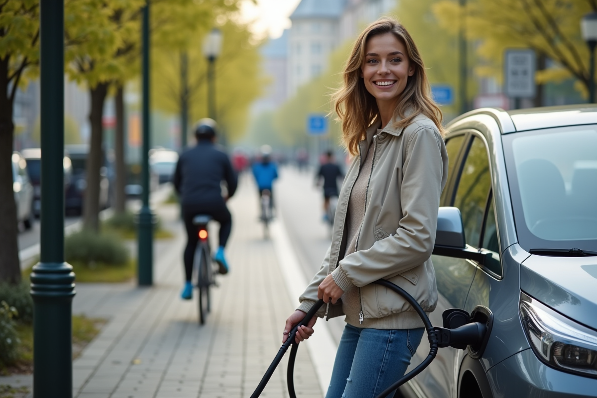 Jeune femme branche une voiture hybride au station de charge