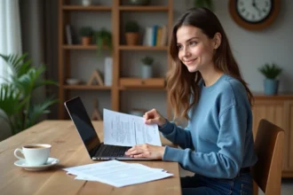 Jeune femme concentrée avec documents d'examen permis