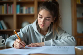 Jeune femme étudiant les questions du permis de conduire 2026 sur des documents imprimés à son bureau
