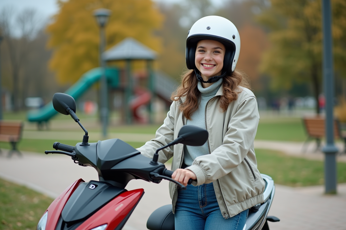 Jeune femme souriante avec moto dans un parc urbain