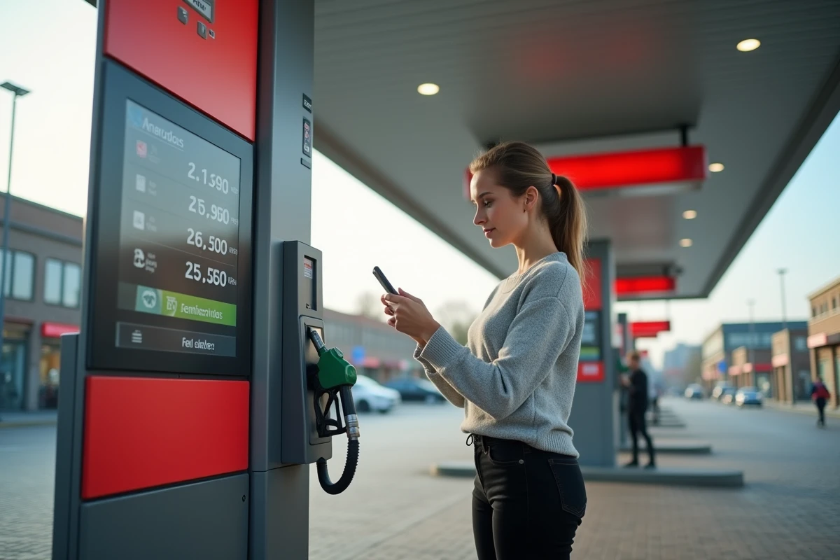 Jeune femme regardant les prix du carburant sur une borne
