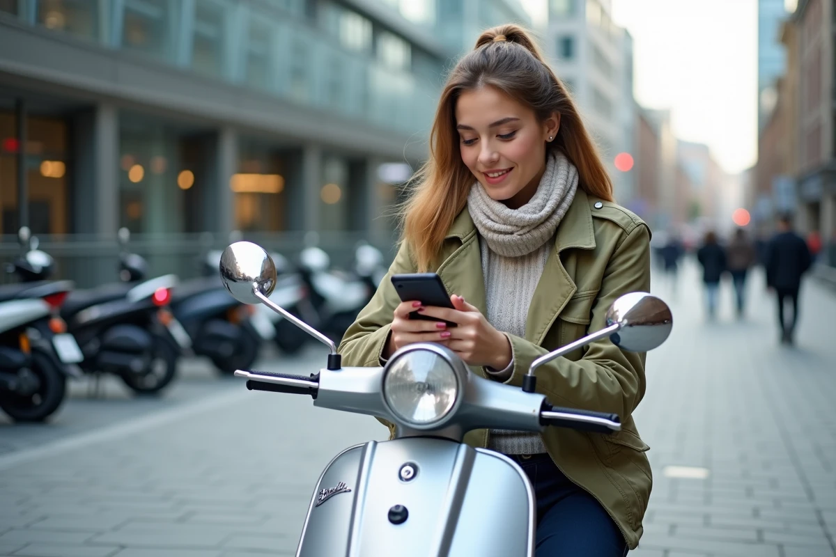 Jeune femme sur scooter en ville en train de regarder son smartphone