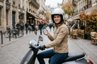 Jeune femme casquée sur un scooter urbain en ville, comparatif scooter voiture pour débuter