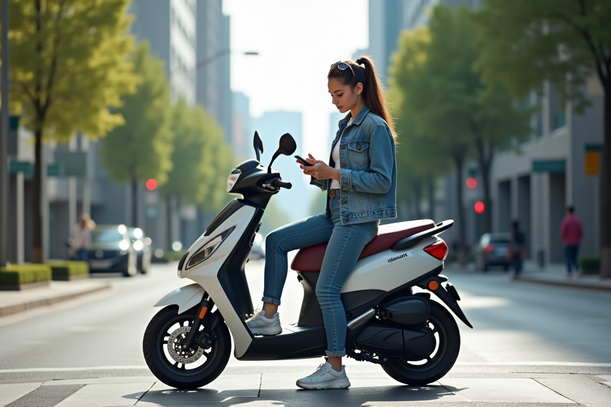 Jeune femme en denim vérifiant son smartphone à côté d’un scooter en ville
