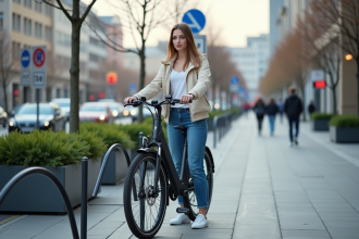 Jeune femme attachant son vélo électrique en ville