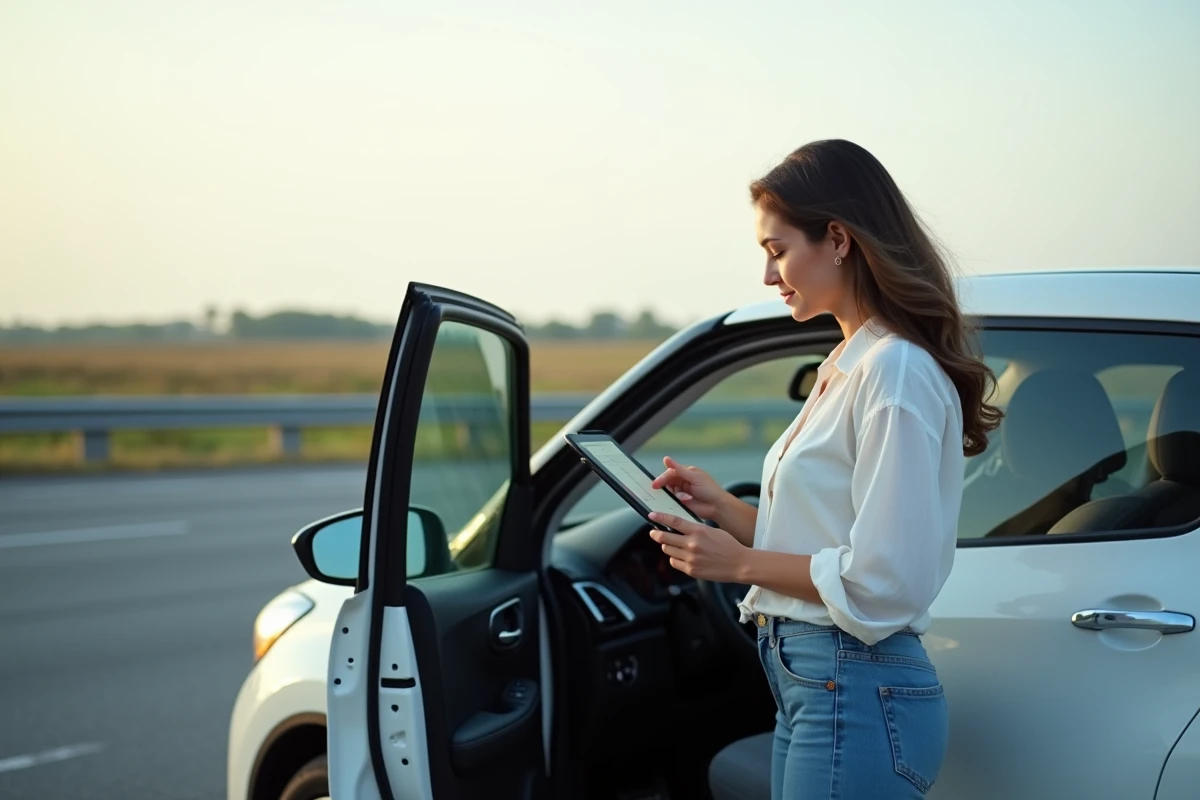 Jeune femme examine le tableau de bord de sa voiture au bord de la route