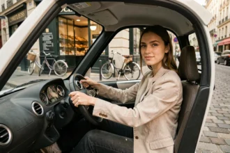 Jeune femme au volant d'une voiture sans permis dans une rue pavée française
