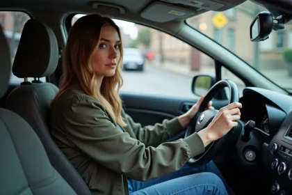 Jeune femme au volant d'une voiture compacte en ville