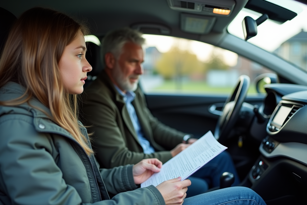 Fille adolescente remplissant papiers dans la voiture