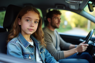 Jeune fille en denim dans une voiture moderne