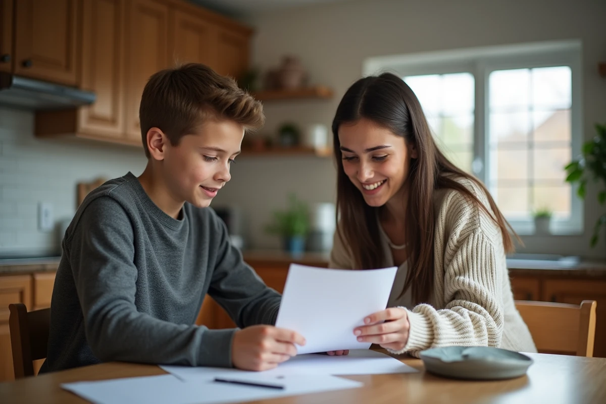Jeune garçon avec sa mère dans la cuisine chaleureuse