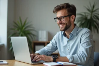 Jeune homme souriant travaillant sur son ordinateur dans un bureau à domicile