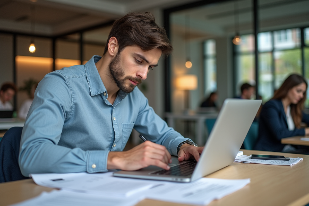 Jeune homme travaillant sur son ordinateur dans un espace coworking