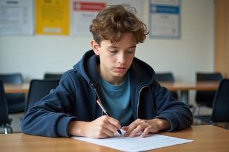 Adolescent français remplissant des papiers dans un bureau officiel