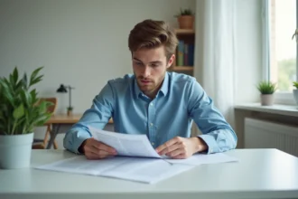 Jeune homme lisant un PDF de questions de conduite à la maison