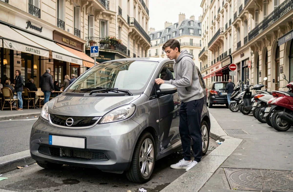 Jeune homme garant une petite voiture sans permis dans une rue animée d'une ville française