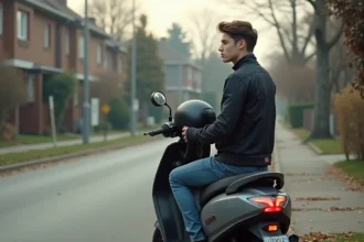 Jeune homme sur scooter dans une rue résidentielle