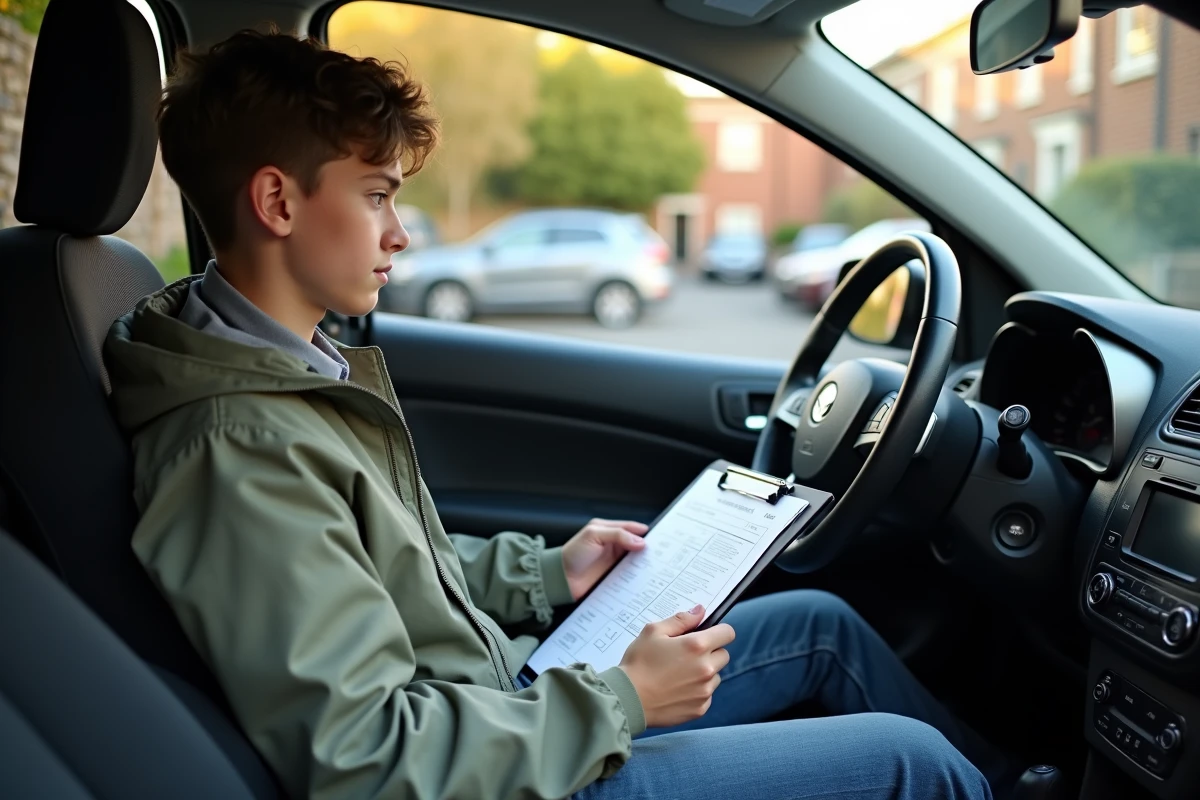 Jeune homme dans sa voiture en train de réviser permis