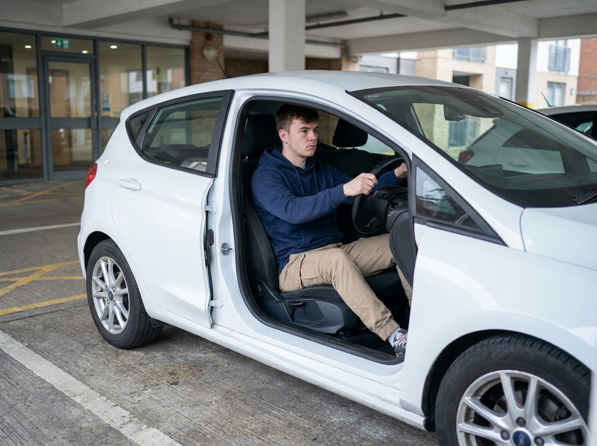 Jeune homme au volant d'une petite voiture de ville, choix entre scooter et voiture pour premiers trajets