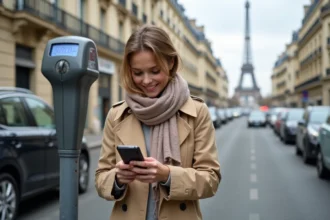 Jeune femme parisienne utilisant son smartphone devant un parcmètre