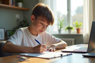 Jeune personne travaillant à domicile remplissant des papiers officiels