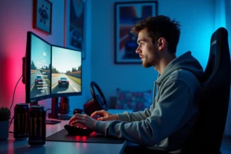 Joueur de jeu vidéo de course réglant les options mph et kph sur son PC gaming avec double écran