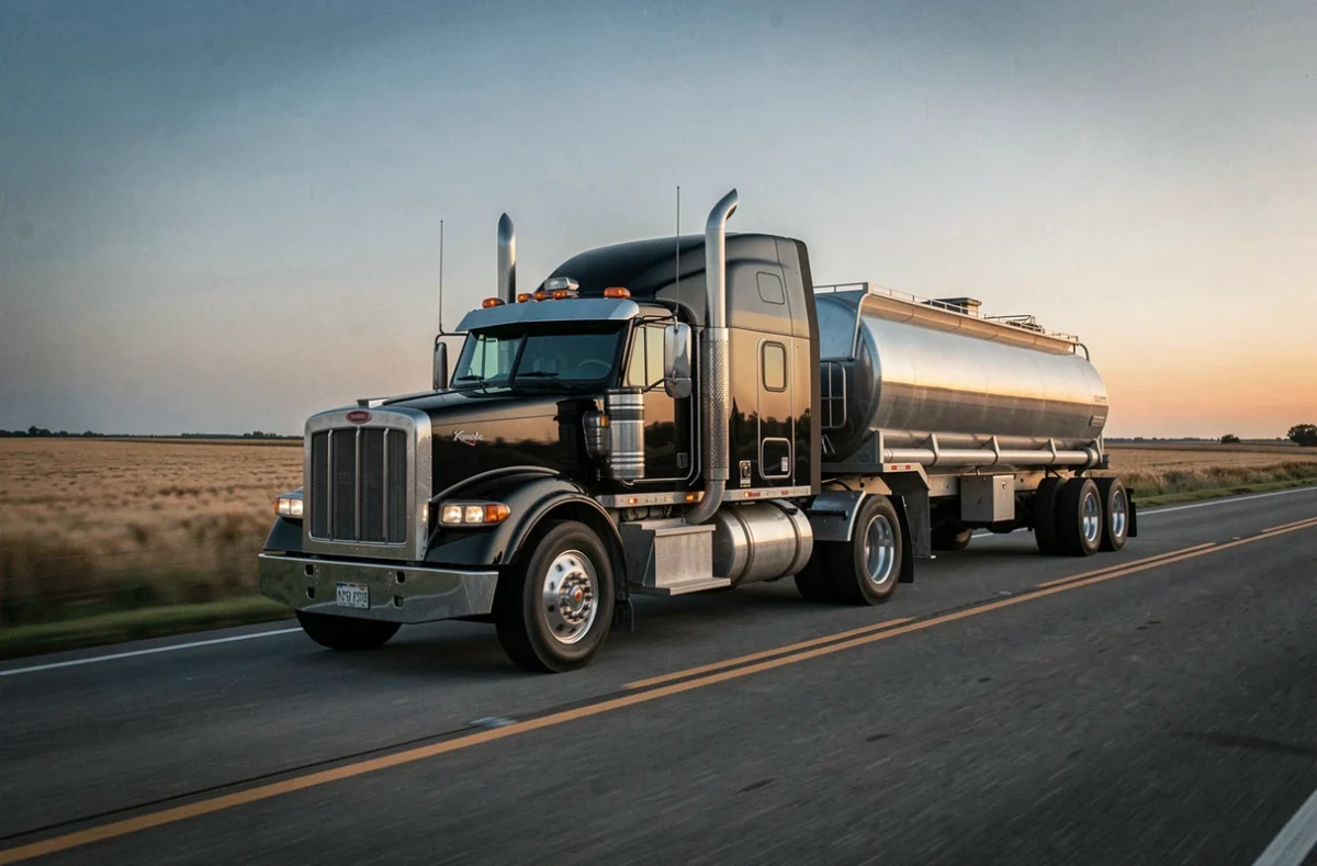 Kenworth W900A noir avec remorque citerne en acier inoxydable roulant sur une route rurale au crépuscule, champs de blé et ciel bicolore en arrière-plan