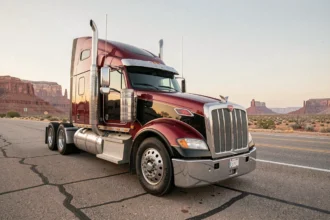 Kenworth W900A garé sur une aire d'autoroute dans le désert américain, capot long chromé et cabine rouge et noir, vue grand angle en contre-plongée
