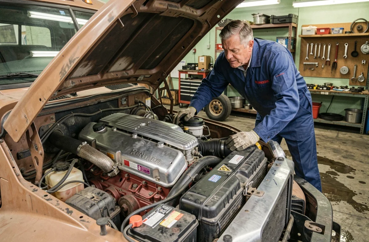 Mécanicien inspectant le moteur diesel ouvert d'un Kenworth W900A dans un atelier de réparation de camions, capot relevé et compartiment moteur détaillé