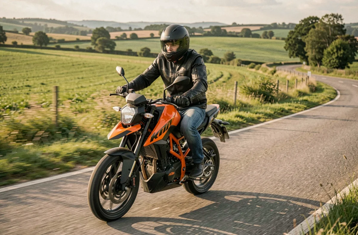 Jeune motard en veste noire pilotant une KTM Duke 125 2026 sur une route de campagne française sinueuse, vue dynamique en légère plongée arrière avec flou de mouvement