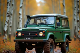 Lada Niva 4x4 garée sur un sentier forestier boueux entourée de bouleaux en automne