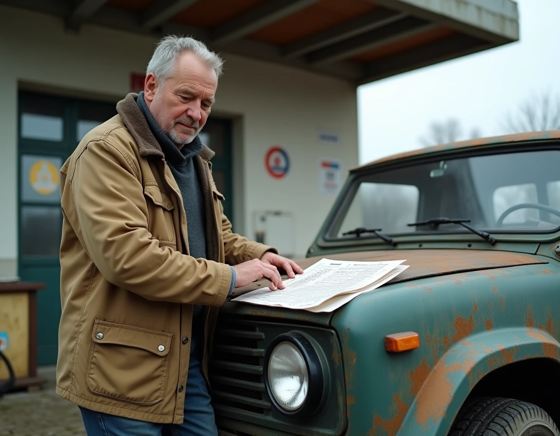 Homme calculant le coût en carburant d'une Lada Niva 4x4 dans une station-service rurale