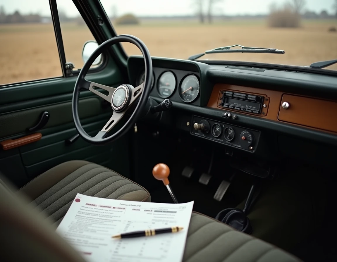 Tableau de bord intérieur d'une Lada Niva 4x4 avec fiche de calcul de prix posée sur le siège passager