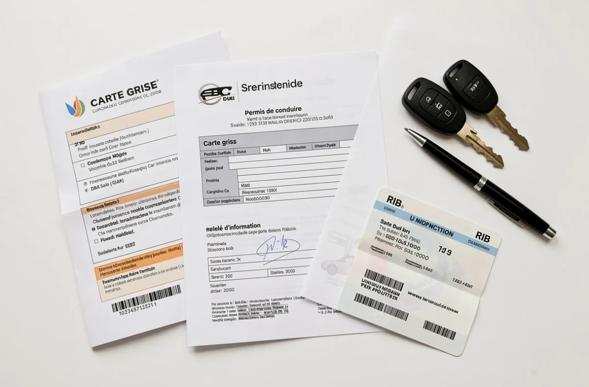 Documents nécessaires pour assurer une voiture posés à plat sur un bureau