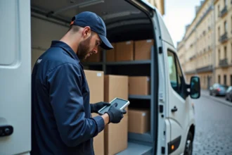 Livreur consultan un scanner devant l'intérieur organisé d'un Renault Master blanc garé en rue urbaine