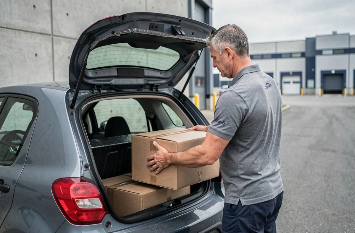 Livreur chargeant des colis dans une voiture sans permis utilitaire en zone logistique