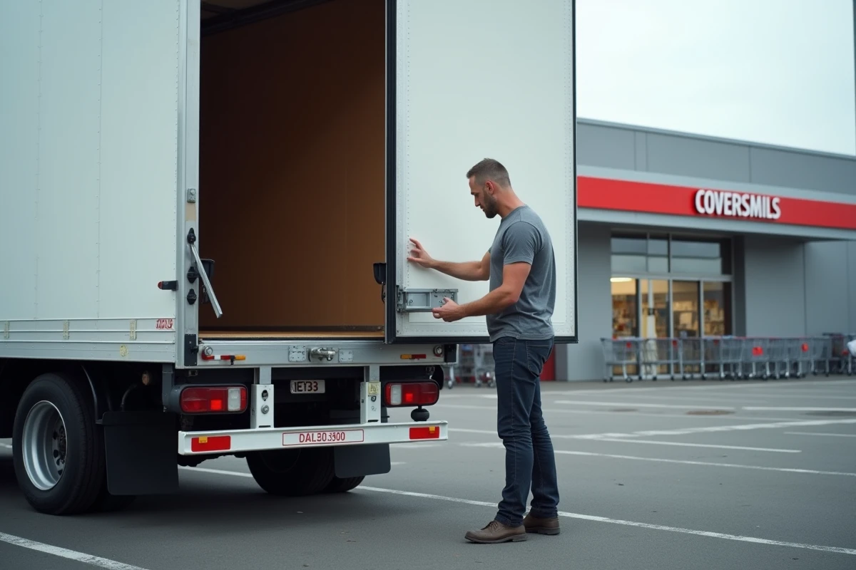 Homme inspectant le hayon hydraulique d'un camion 20m3 de location dans un parking de grande surface Leclerc