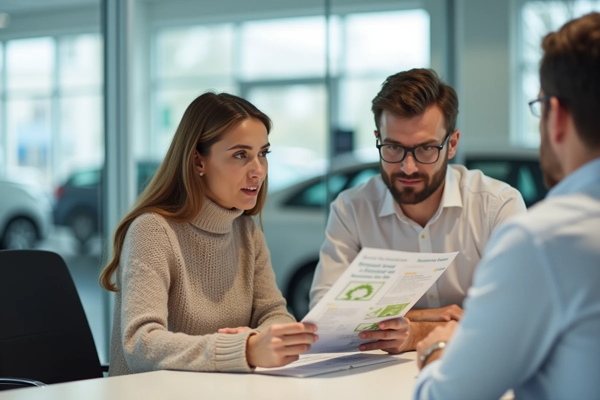 Une femme et un conseiller commercial discutant du malus écologique et de la conversion kW en CV dans une concession automobile moderne