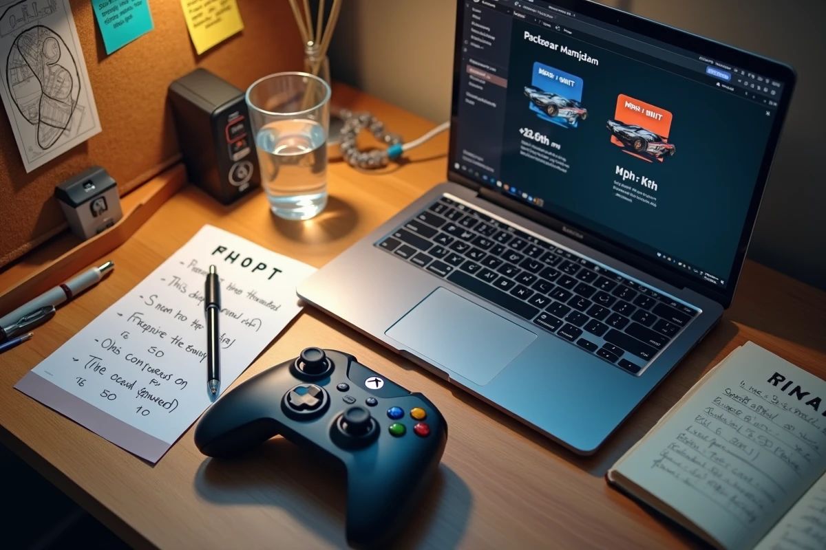 Manette de jeu et notes de conversion mph kph posées sur un bureau avec écran de paramètres jeu de course