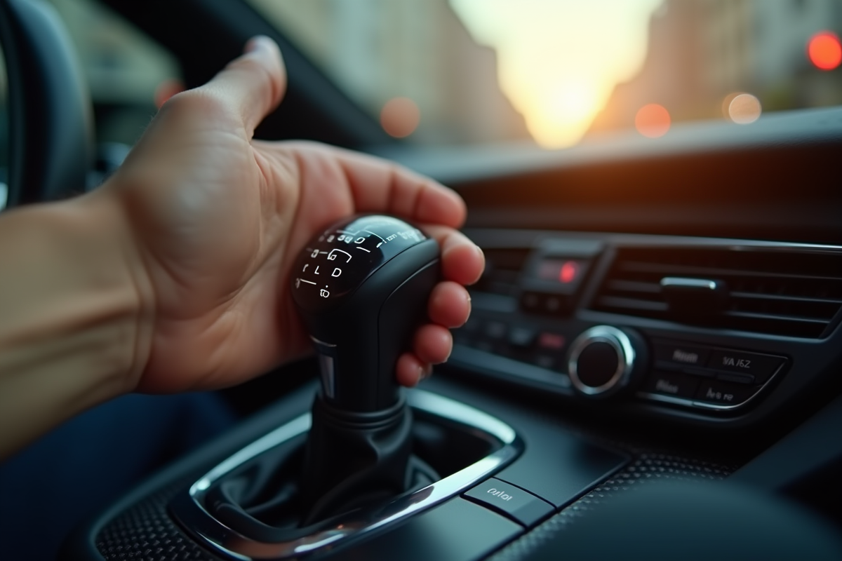 Main du conducteur manipulant le levier automatique en ville