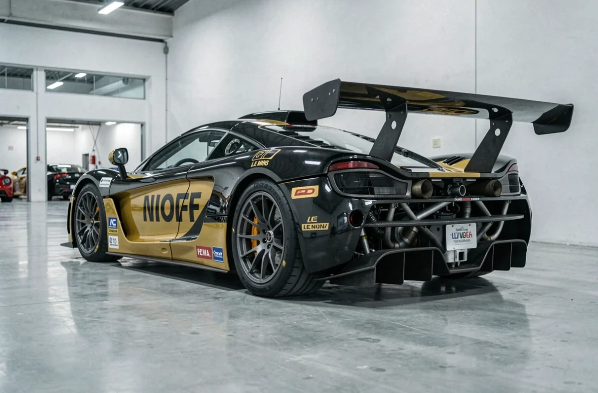 McLaren F1 GTR en livrée Le Mans noir et or dans un espace de stockage pour collectionneurs, vue trois quarts arrière mettant en valeur l'aérodynamique de course