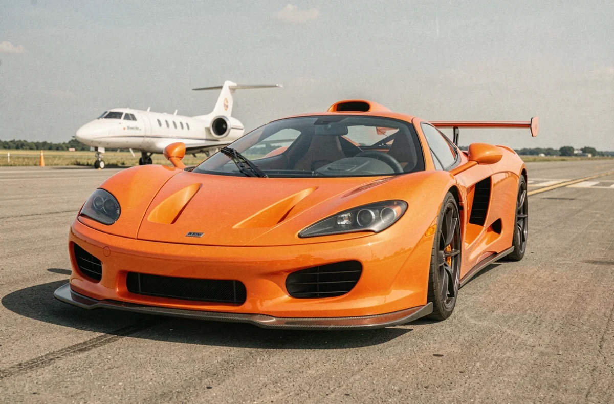 McLaren F1 en orange papaye garé sur un tarmac d'aéroport privé, vue grand angle au niveau du sol mettant en valeur la carrosserie en fibre de carbone