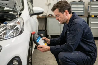 Mécanicien examinant l'étiquette d'un bidon d'huile moteur près d'une Peugeot 208 blanche dans un atelier