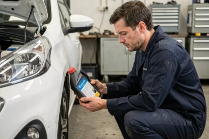 Mécanicien examinant l'étiquette d'un bidon d'huile moteur près d'une Peugeot 208 blanche dans un atelier