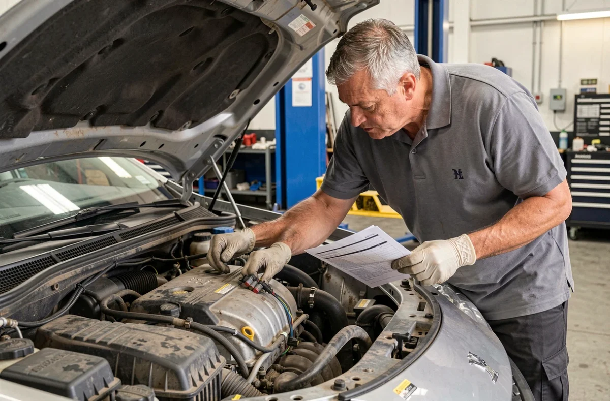 Mécanicien inspectant le circuit d'injection et le faisceau électrique d'un moteur Peugeot 1.6 HDI après lecture du code P1351
