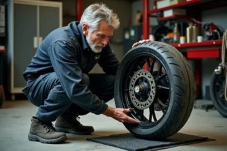 Mécanicien moto inspectant les marquages de charge sur un pneu arrière de moto sportive dans un atelier professionnel