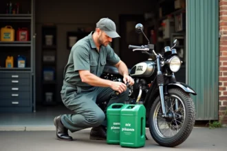 Mécanicien homme verse de l'huile dans une moto classique à l'extérieur
