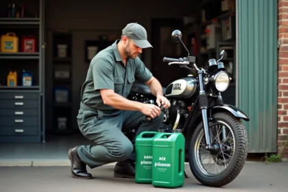 Mécanicien homme verse de l'huile dans une moto classique à l'extérieur